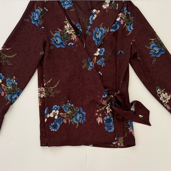 Zara Women's Dark Academia Floral Wrap Long Sleeve Blouse Top, Burgundy, Size S - Picture 9 of 12